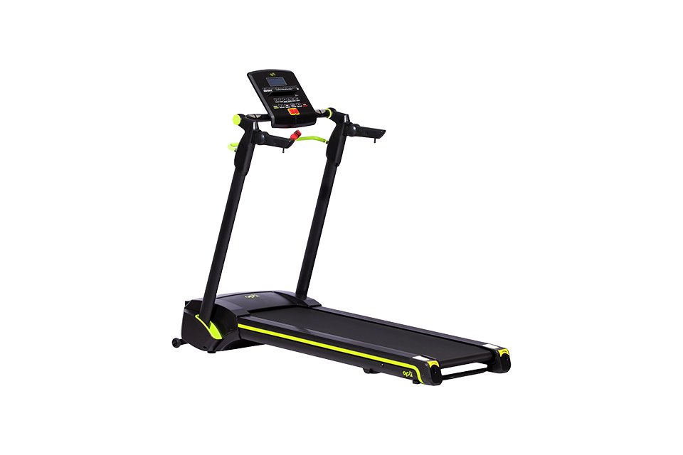 A black and yellow opti easy folding treadmill. 