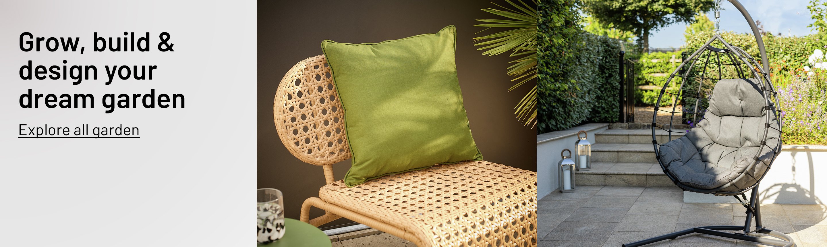 A banner with a green cushion, a bird feeder, and a garden egg chair.