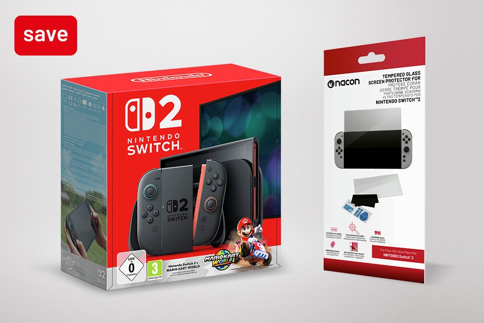 Save £5 on Nacon tempered glass screen protector. When bought with selected Nintendo Switch 2 consoles.