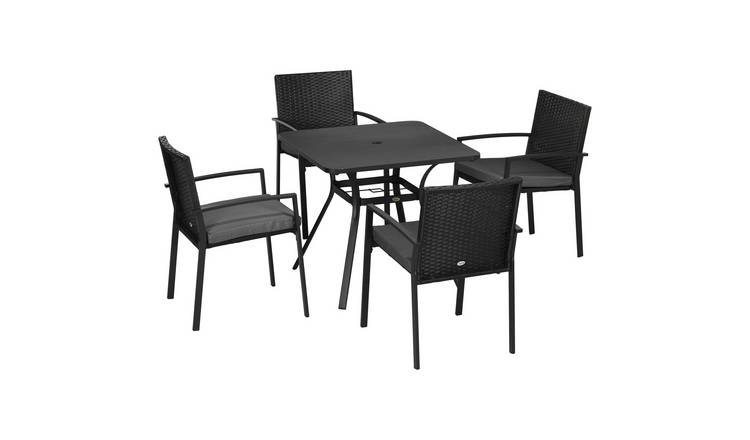 Outsunny 4 Seater Rattan Dining Set with Cushions - Black