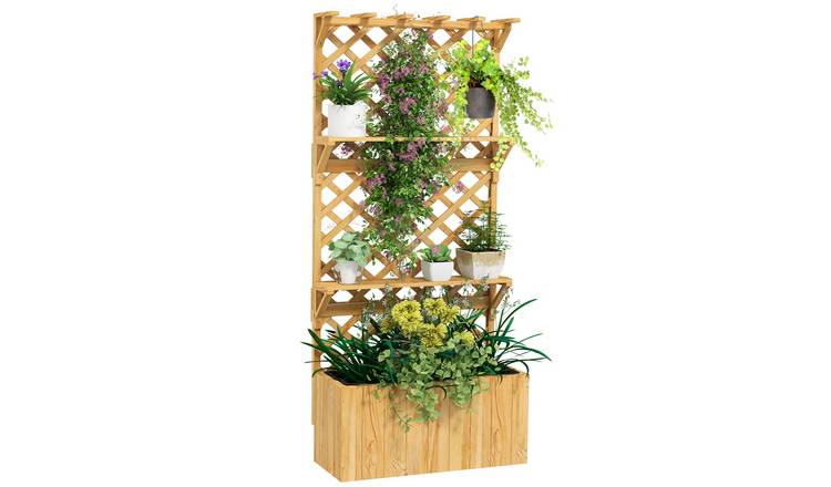 Outsunny Wooden Freestanding Garden Planters with Trellis - Natural Wood