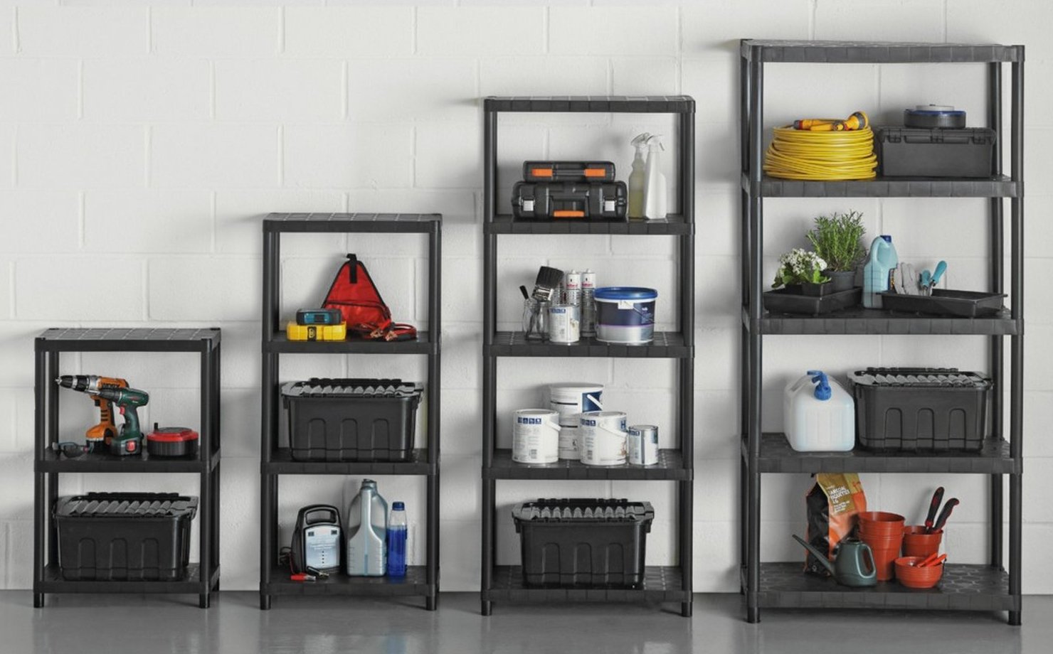 Freestanding shelves in garage in black for storage