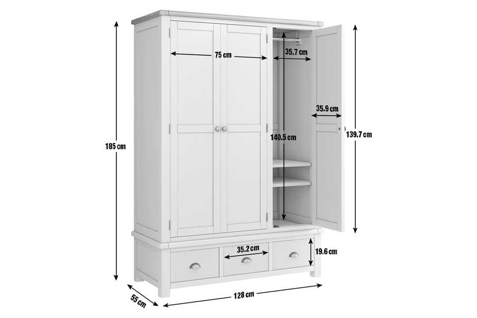 Diagram of a three door wardrobe with measurements.