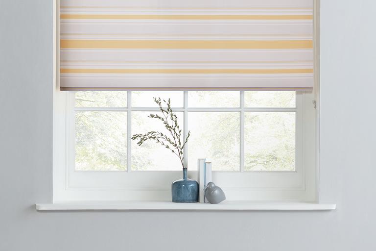 Yellow and white striped blinds.