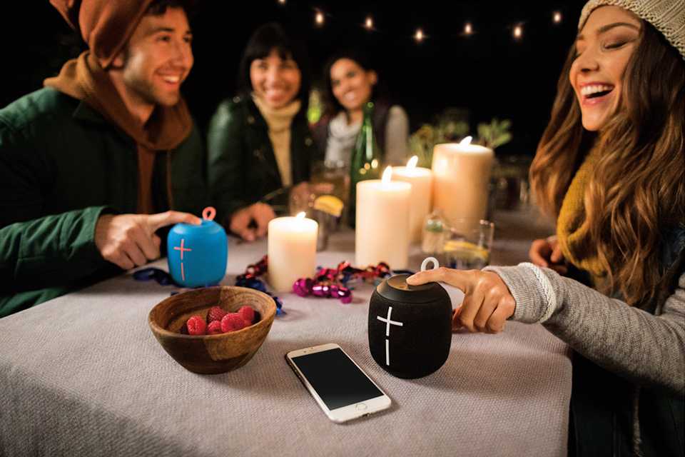 Family and friends enjoying music on a speaker on the table.