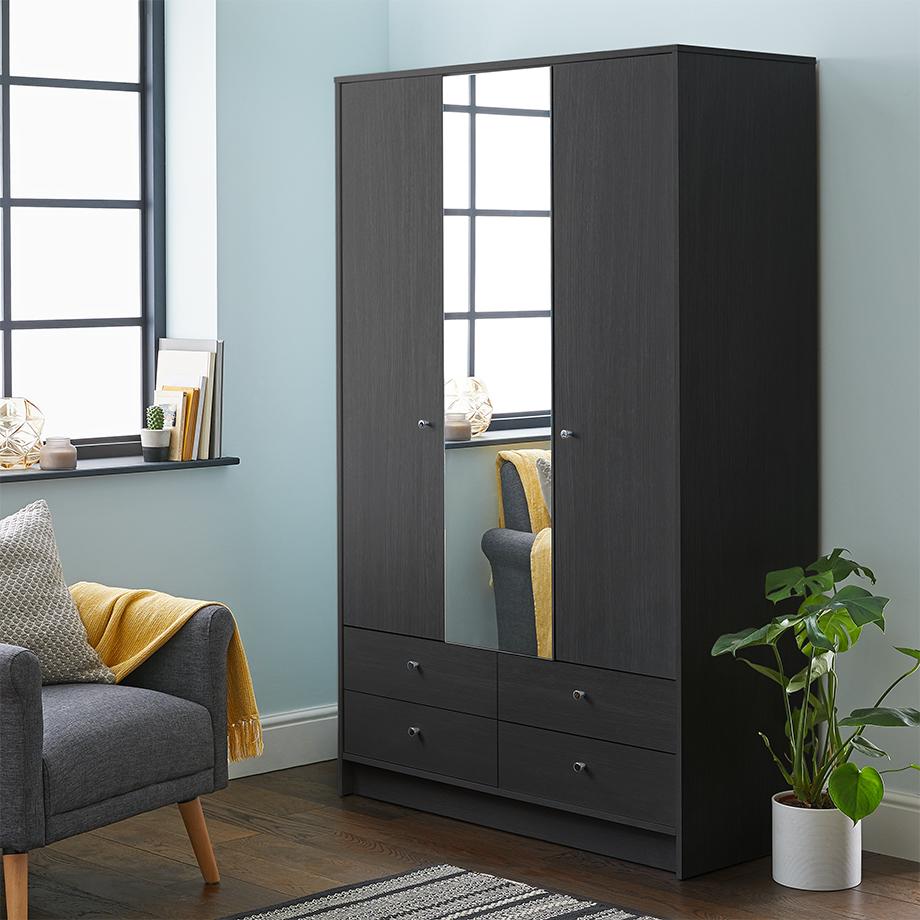 Image of a black, three door wardrobe with a mirror in the middle.