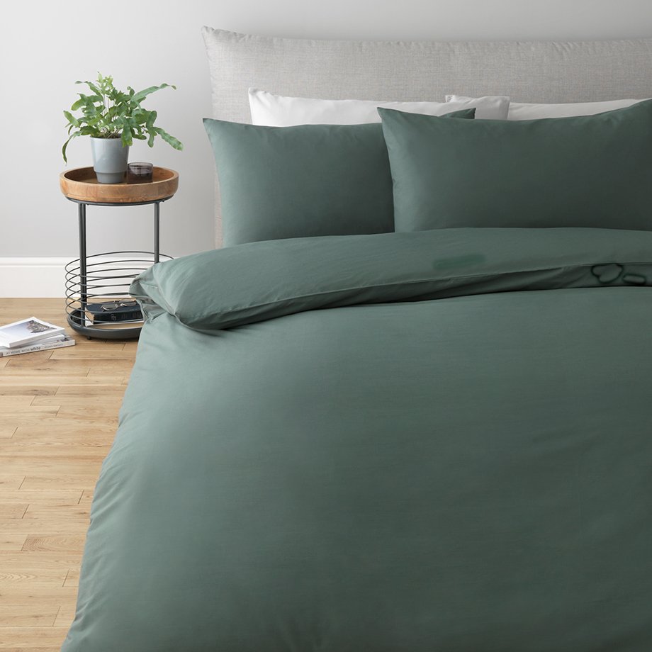 Teal green and blue bedding.