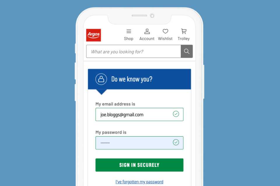 Mobile phone with Argos login page.