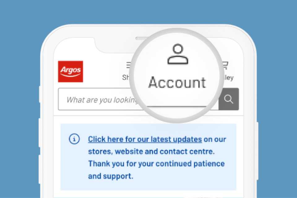 Mobile phone with Argos website and account highlighted.