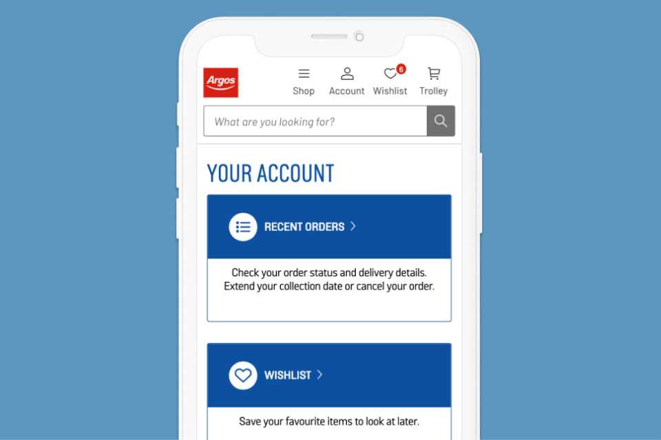 Mobile phone with Argos account section showing.