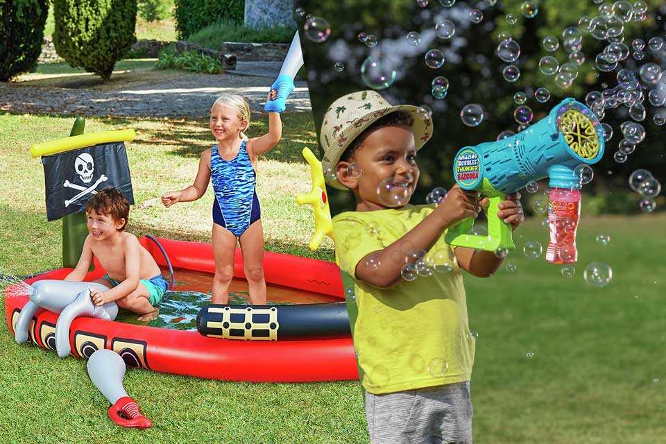Composite image shows children playing with a bubble gun and inflatable pirate ship.