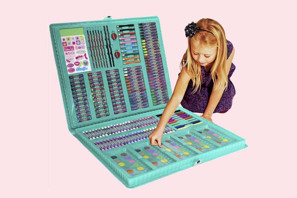 Image shows a small girl selecting a crayon from a huge art kit.