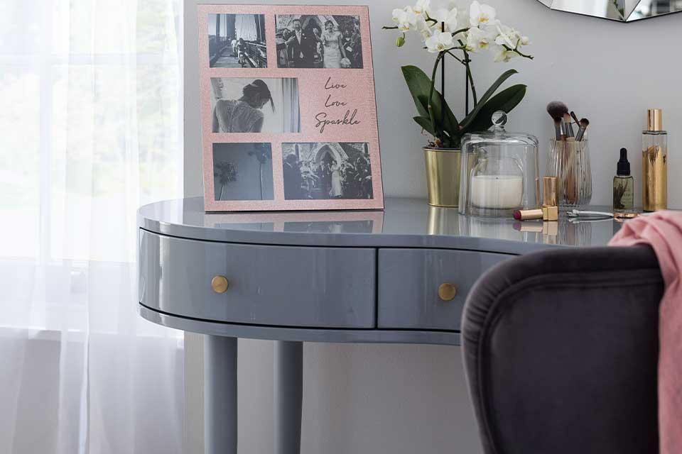 Image of a grey, vintage dressing table.