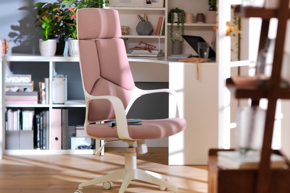 Image of a pink and white ergonomic desk chair.