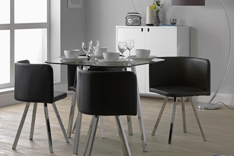 Argos Home Elsie glass dining table and 4 black chair.