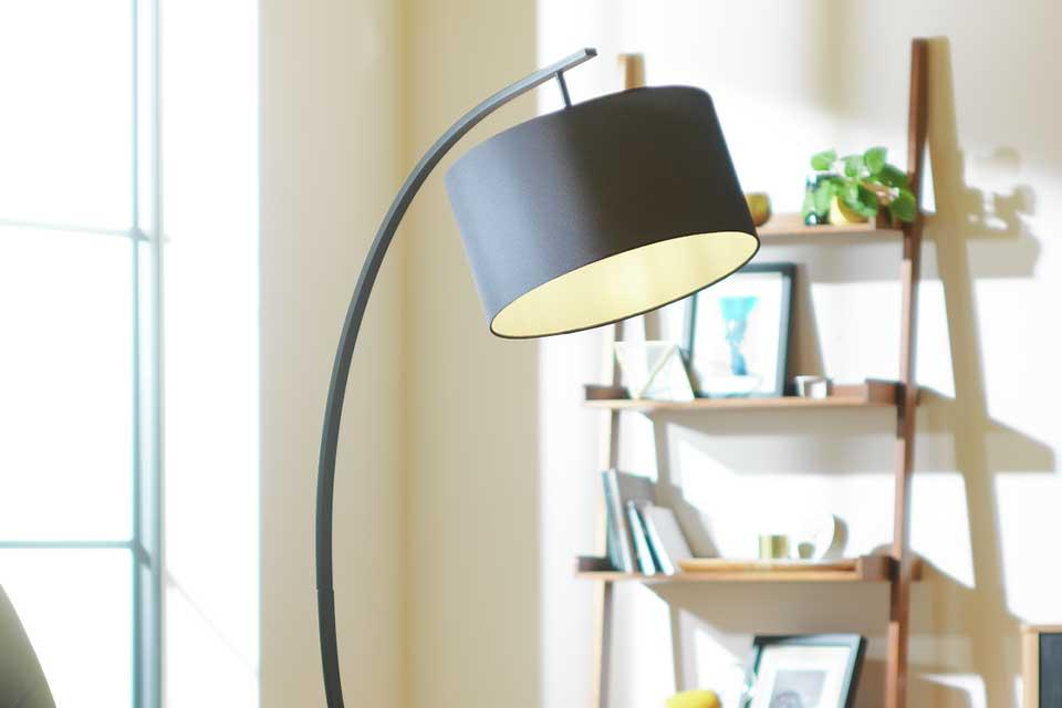 Clane arch floor lamp in black beside a green sofa.