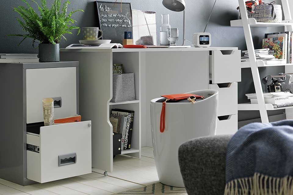Pierre Henry 2 Drawer Metal Filing Cabinet in silver and white.