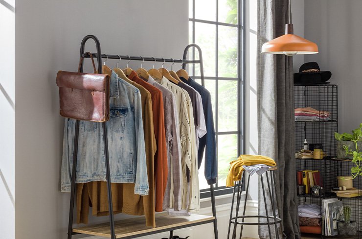 Mid century style clothes rail and shoe storage.