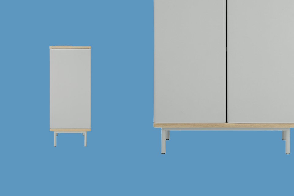 Grey bathroom tall boy cabinet.