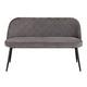 A grey upholstered bench with a back.