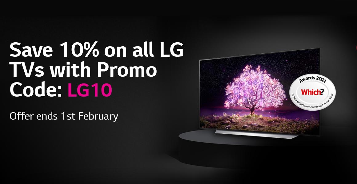 Save 10% on all LG TVs with Promo code: LG10. Offer ends 1st February.