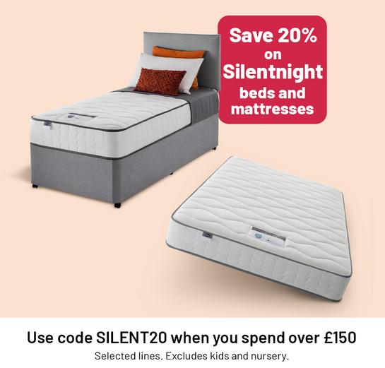 Save 20% on Silentnight when you spend over £150. Use code SILENT20 when you spend over £150. Selected lines. Excludes kids and nursery.