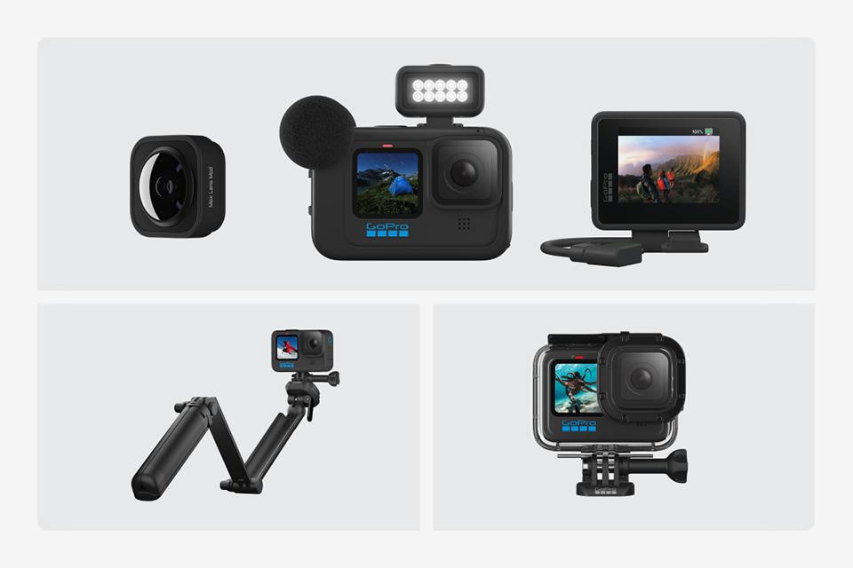 Images of GoPro accessories including a media mod, a handler with a mount and a protective housing against a neutral background.
