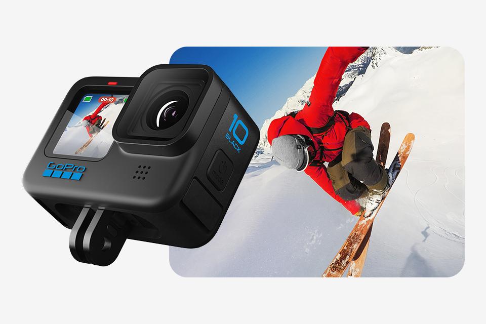 A GoPro HERO10 Black action camera next to an image of a man skiing.