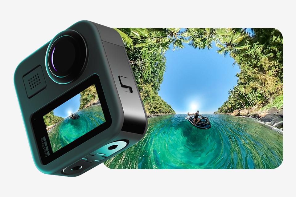 A GoPro Max action camera next to an image of a man rafting in a river.