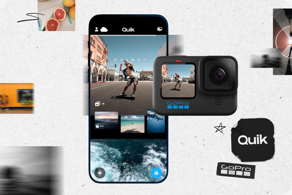 A GoPro action camera and a smartphone showing the interface of the Quik app.