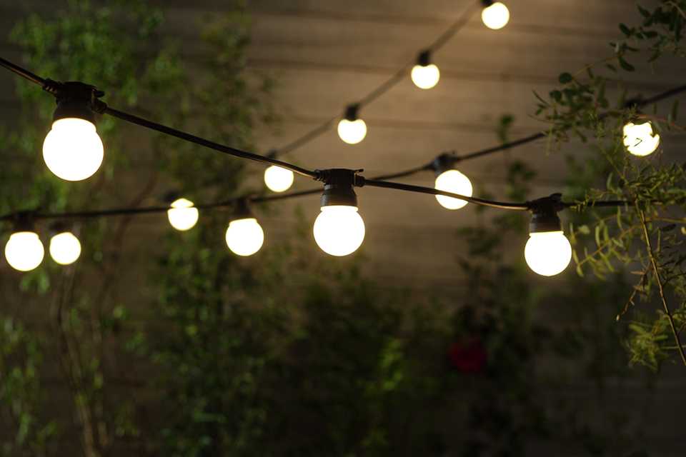 Outdoor string fairy lights with sphere bulbs.