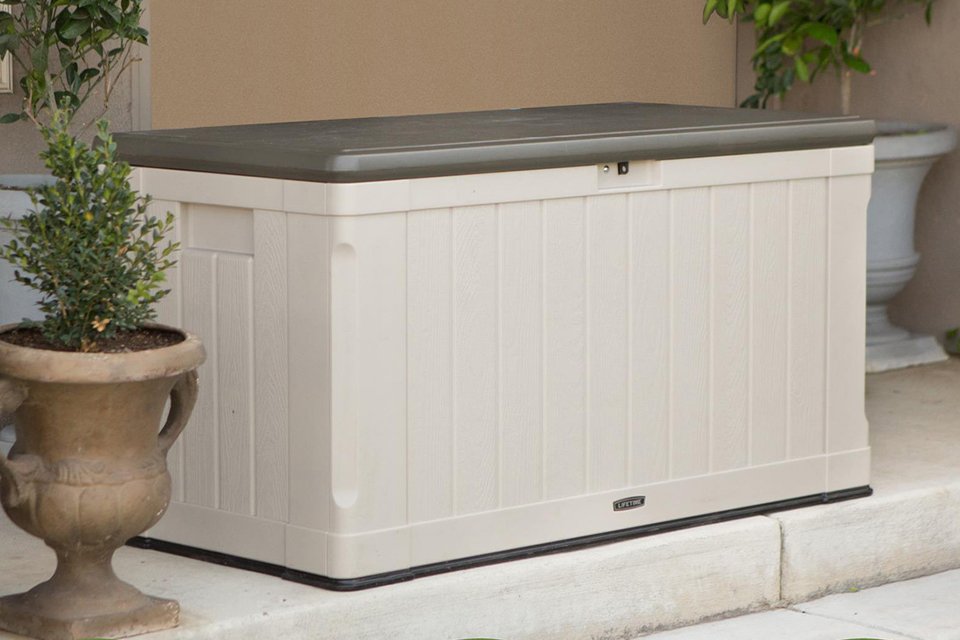 A Lifetime polyethylene outdoor garden storage box.