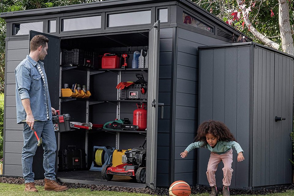 Keter 97cm shelving kit placed in a garden shed.