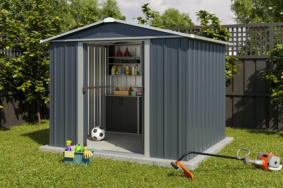 YardMaster Castleton metal Apex garden shed in grey colour placed outdoors. 