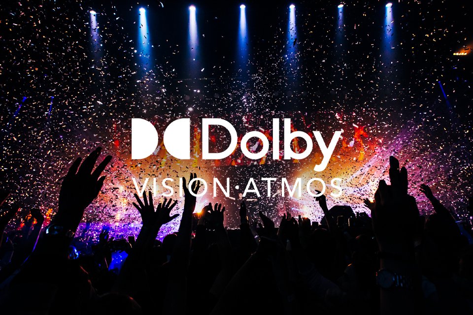 People cheering with hands up in the air and fireworks going off in the sky.