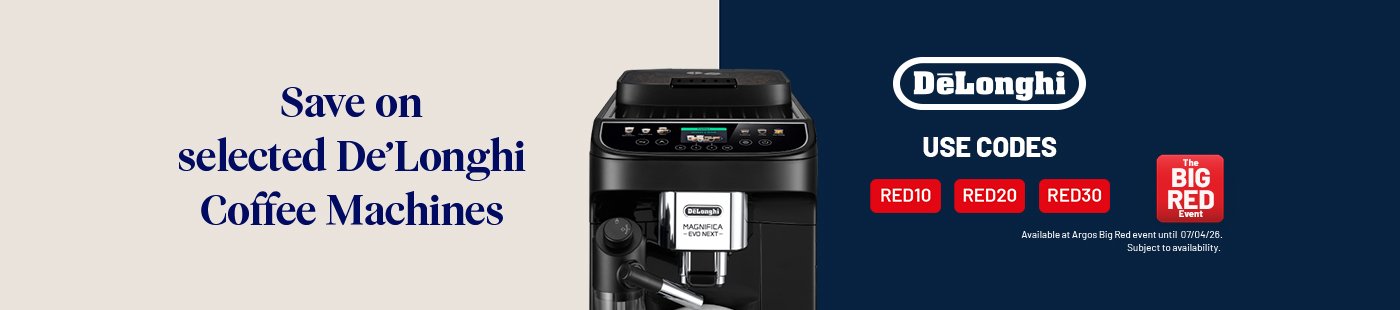 The Big Red Event. Save on selected De'Longhi coffee machines. Use codes RED10, RED20 and RED30.