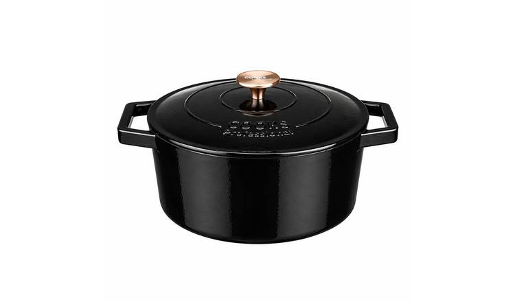 Cooks Professional 26cm Cast Iron Casserole Dish with Lid - Black