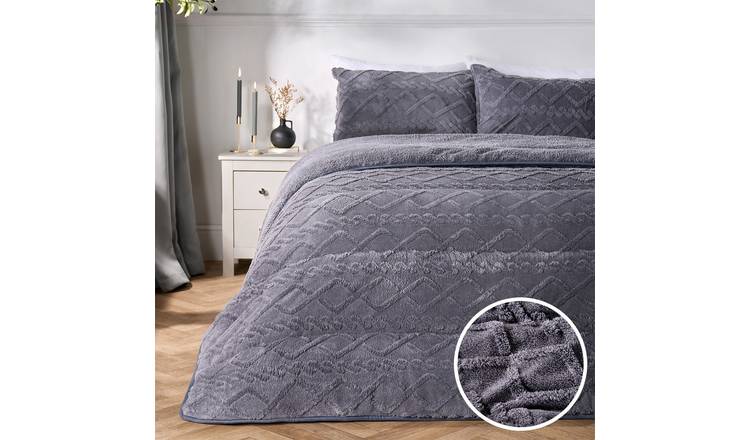 OHS Cable Knit Fleece 10.5 Tog Coverless Duvet Set Grey  - Single