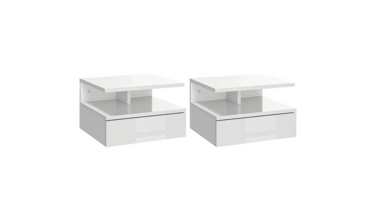 HOMCOM Set of 2 Floating Bedside Table with Drawer and Open Shelf - White