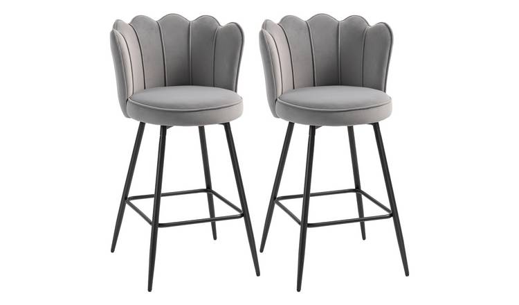 HOMCOM Set of 2 Velvet Bar Stools with Petal Backrest and Footrest - Grey