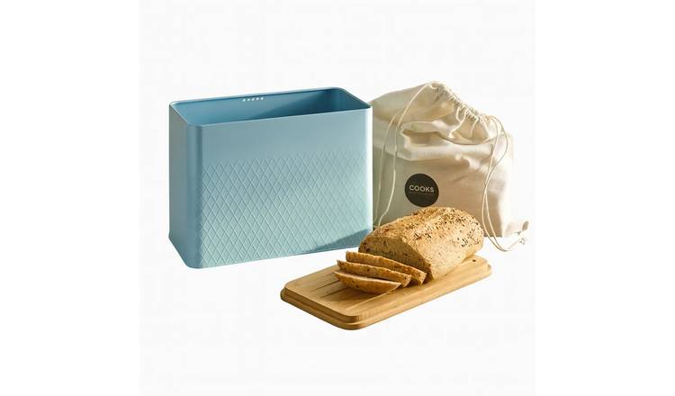 Cooks Professional Square Bread Bin, Linen Bag and Bamboo Board Set - Blue