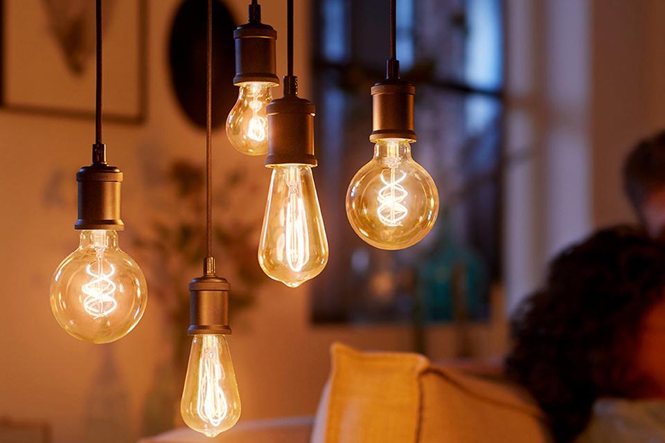 Image of five filament bulbs hanging from the ceiling.