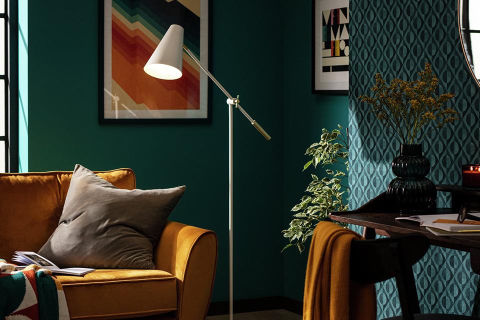 A cone task floor lamp in a living room.
