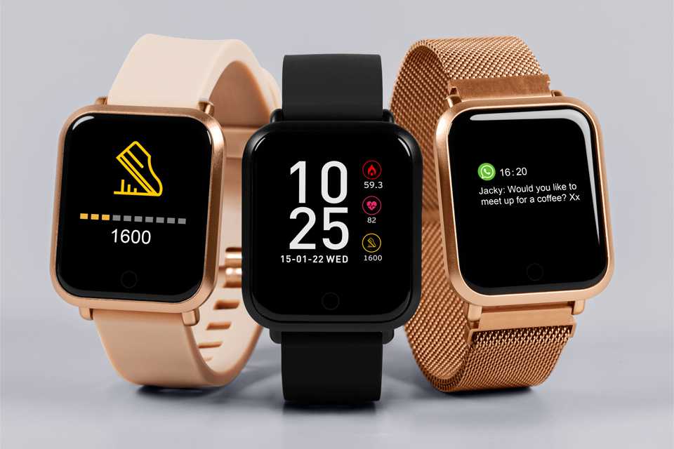 3 Reflex Active Series 6 smart watches in pink, black and golden straps.