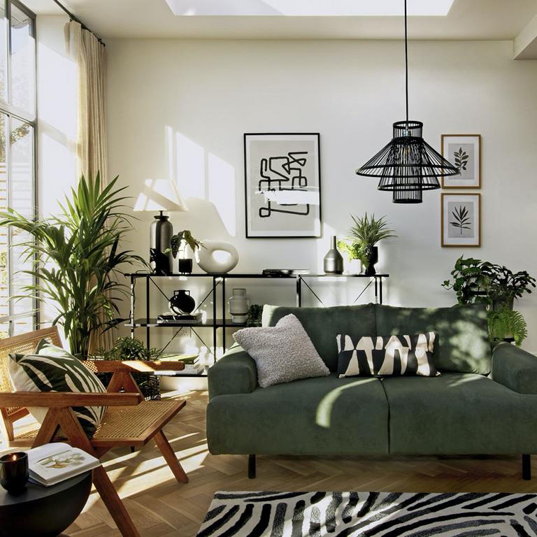 A nature-themed living room containing a green sofa and a monochromatic rug.
