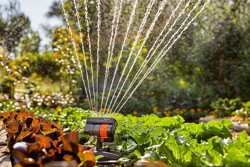 A Gardena AquaZoom compact sprinkler watering plants in a garden.