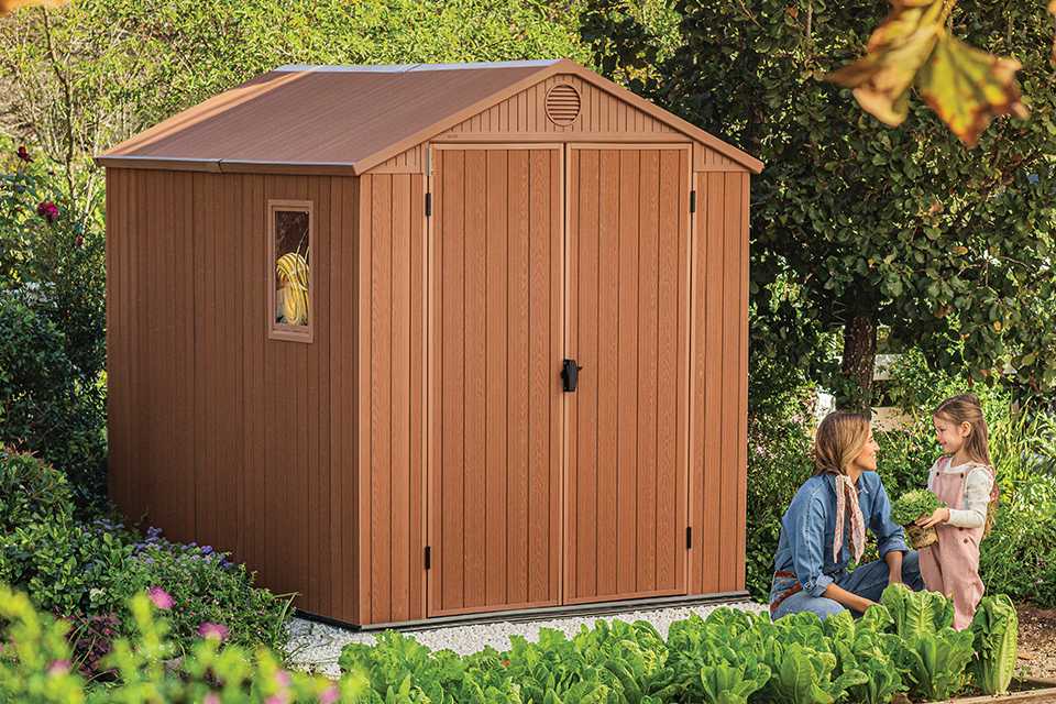 A mother and a daughter sitting next toa brown Keter Darwin 6x8 garden shed. 