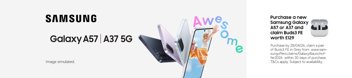 Samsung Galaxy A57 | A35 5G. Purchase a new Samsung Galaxy A57 or A37 and claim Buds3 FE worth £129.