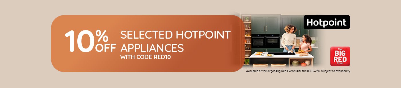 The Big Red Event. Hotpoint. 10% off selected Hotpoint appliances with code RED10.