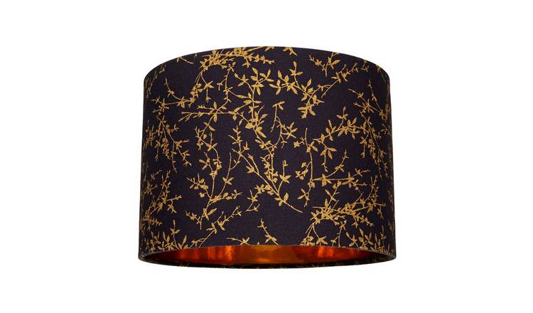 Happy Homewares Black Cotton Fabric with Gold Foil Floral Lampshade - 30cm